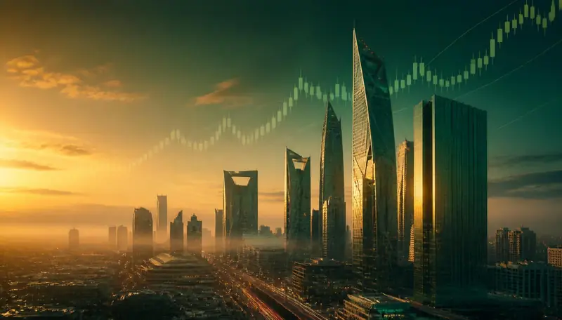 أفق مدينة الرياض مع رسوم بيانية لأسواق المال